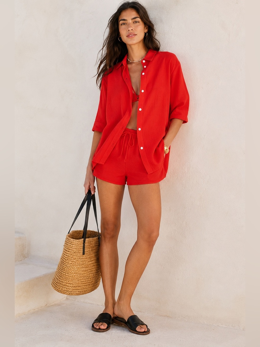 J. Crew Airy Gauze Cotton Button Up Cover Up Tunic Shirt - Red Size Small - Picture 3 of 10
